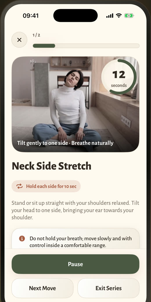 Stretch Max player with a countdown: Neck Side Stretch, hold each side for 10 sec